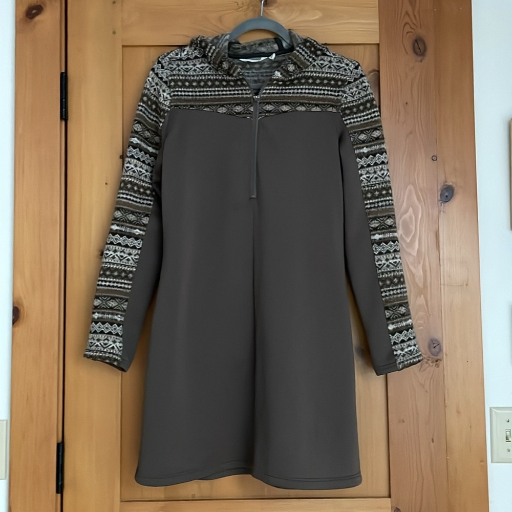 Athleta Fair Isle Hooded Sweater Dress Small 1/2 zip brown back zip pocket